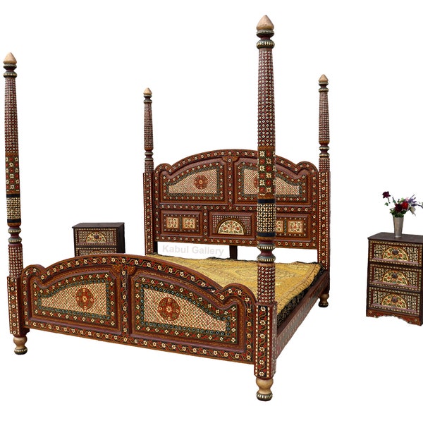 Ensemble de chambre à coucher 3 pièces, lit double en bois massif peint à la main avec 2 tables de nuit avec peinture miniature Mogul du Pakistan MGL