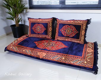 Set of 3 Pcs  1x floor cushion+2x cushions orient Afghan pillow rug seat floor cushion 1001-night Seating arabic majlis Toshak توشک Blue- 23