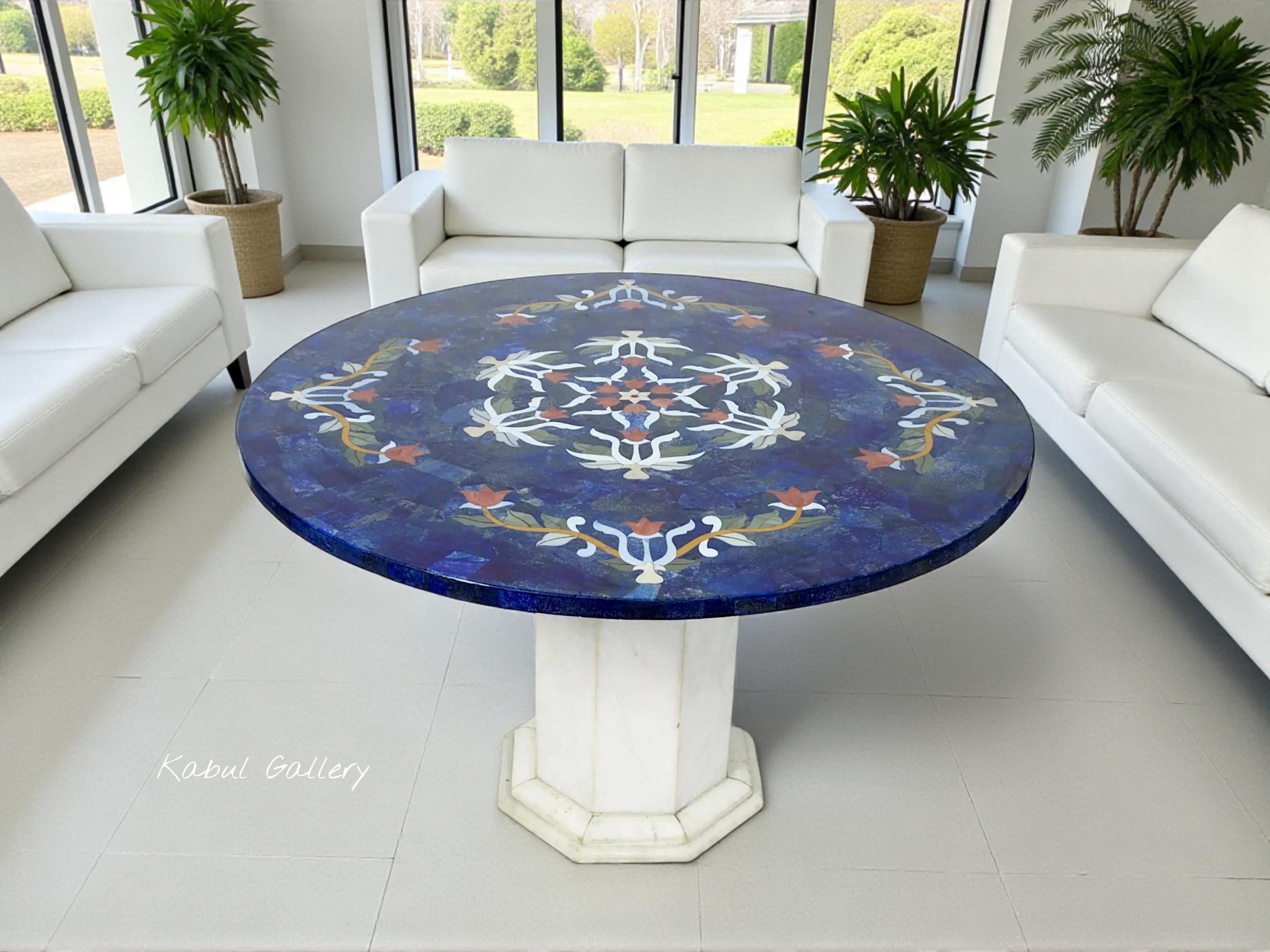 Table Basse En Marbre Lapis-Lazuli Pietra Dura De 80 cm, Table Salon Avec Incrustations Mosaïque Florentine | Lapis