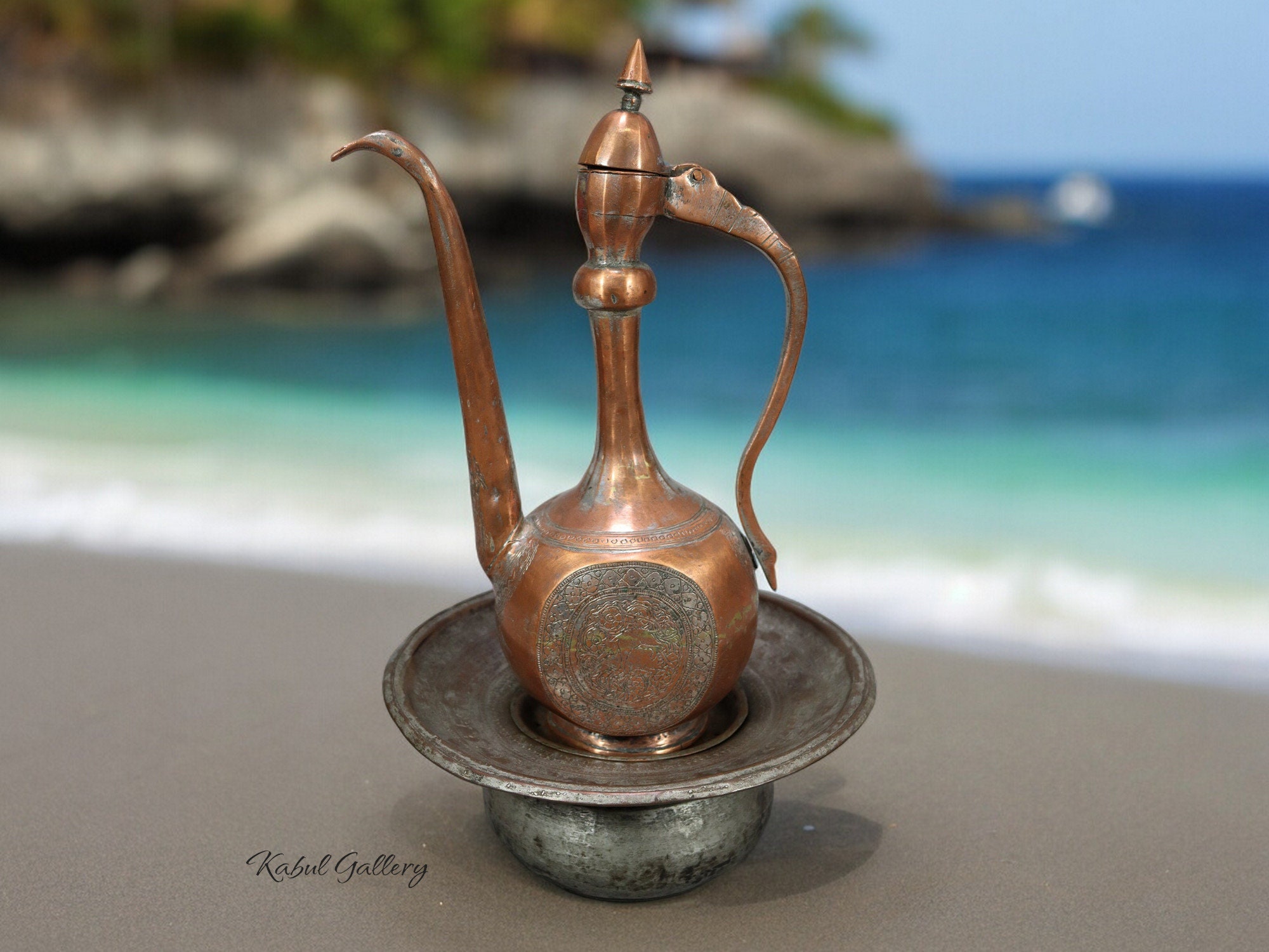 Antique Engraved Copper Ewer Pitcher & Basin Set From Afghanistan