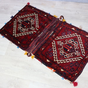 Tapis oriental antique Belotsch 110 x 58 cm, coussin de siège nomade, double sac, sacoche de selle (Khorjin) Torba Belochistan Afghanistan N° 20