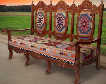 vintage  Chesterfield sofa upholstered in an afghan Kilim  Bank 3 seater couch chair from Afghanistan