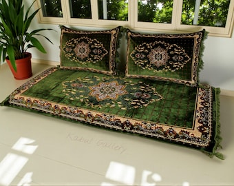 Set of 3 Pcs  1x floor cushion+2x cushions orient Afghan pillow rug seat floor cushion 1001-night Seating arabic majlis Toshak توشک Green 23