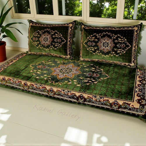 Ensemble 3 pièces : 1 coussin d’assise + 2 oreillers, tapis afghan fait main pour salon, coussins de sol pour canapé majlis oriental, ensemble de sièges, Toshak Vert 23