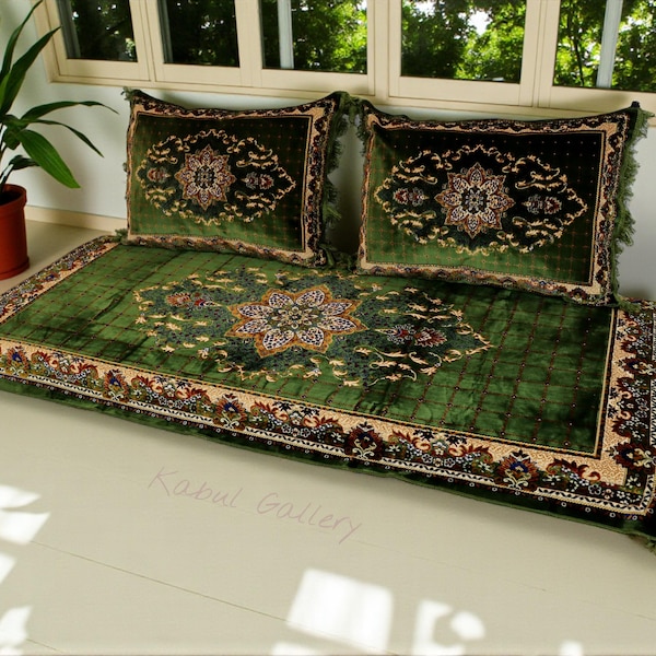 3er Set 1x Sitzkissen +2 Kissen handgefertigt Afghanische Sitzecke Teppich Orient majlis Sofa Bodenkissen Sitzgruppe Toshak Grün 23 توشک