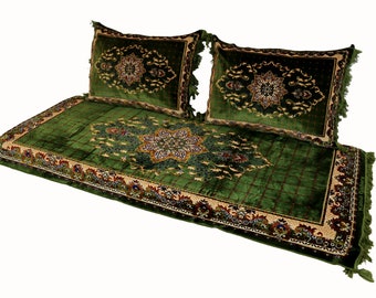 Set of 3 Pcs  1x floor cushion+2x cushions orient Afghan pillow rug seat floor cushion 1001-night Seating arabic majlis Toshak توشک Green 23