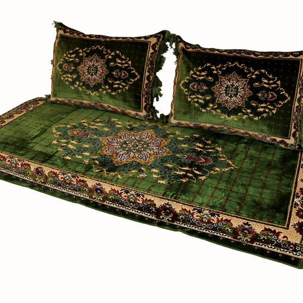 3er Set 1x Sitzkissen +2 Kissen handgefertigt Afghanische Sitzecke Teppich Orient majlis Sofa Bodenkissen Sitzgruppe Toshak Grün 23 توشک