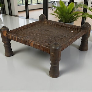46x46 cm antique 19th century orient vintage cedar wood stool from Nuristan Afghanistan / Swat Valley-Pakistan Nr-21/J