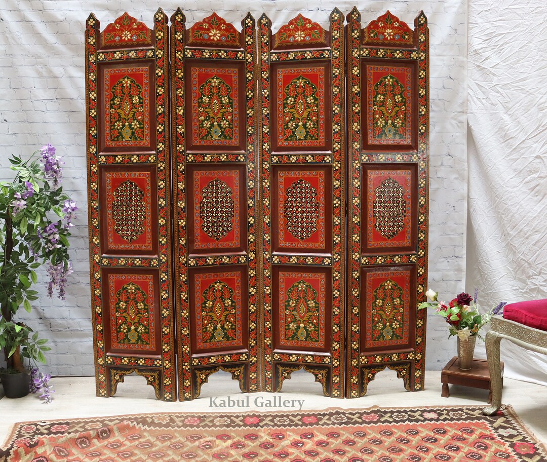 Orient Vintage Wooden Hand Painted Screen Room Divider Etsy