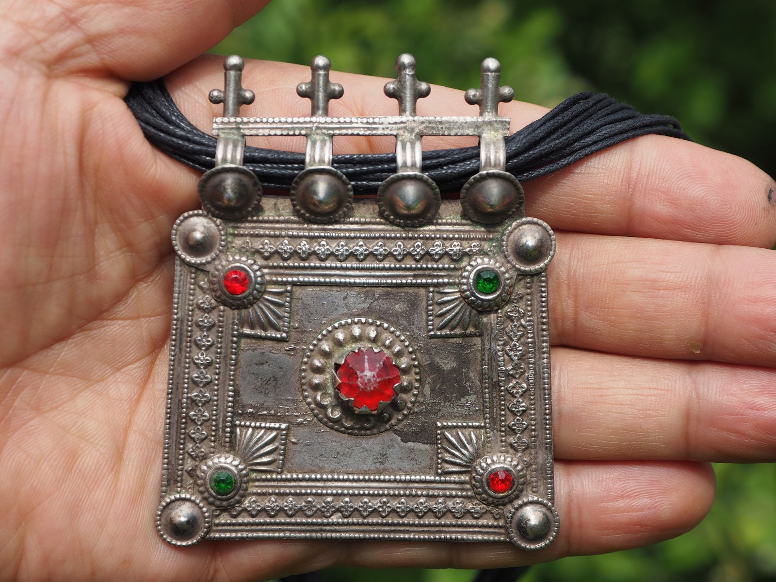 Antique very long nomad silver necklace pendant tassel Nuristan