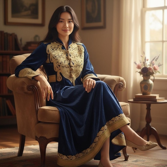 Antique Hazara Womens Velvet Gown, Adorned with Couched Gold Thread.