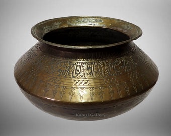 Antique Engraved Large islamic Tinned Brass Bowl, cooking pot  from Afghanistan No:21A