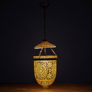 very large Glass brass and metal etched Mosaic  Bell Jar Pendant lamp and  Shown in standard antiqued bronze finish lamp No-9