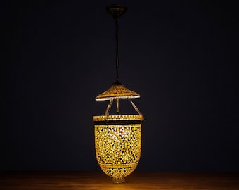 very large Glass brass and metal etched Mosaic  Bell Jar Pendant lamp and  Shown in standard antiqued bronze finish lamp No-9