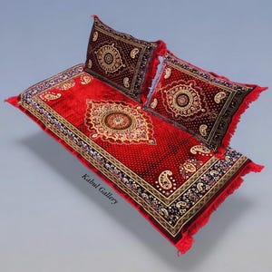 Set of 3 Pcs  1x floor cushion+2x cushions orient Afghan pillow rug seat floor cushion 1001-night Seating arabic majlis Toshak توشک   Red-21