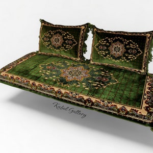 Set of 3 Pcs  1x floor cushion+2x cushions orient Afghan pillow rug seat floor cushion 1001-night Seating arabic majlis Toshak توشک Green 23
