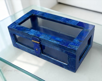 Hand Crafted stunning genuine Lapis Lazuli Gemstone Glass Jewellery Box Showcase  brass decorated Afghanistan No:18/A