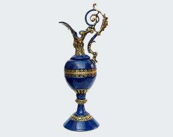 very large Hand Crafted stunning genuine Lapis Lazuli Gemstone and Brass ormolu mounted Sevres ewer vase candlestick from Afghanistan