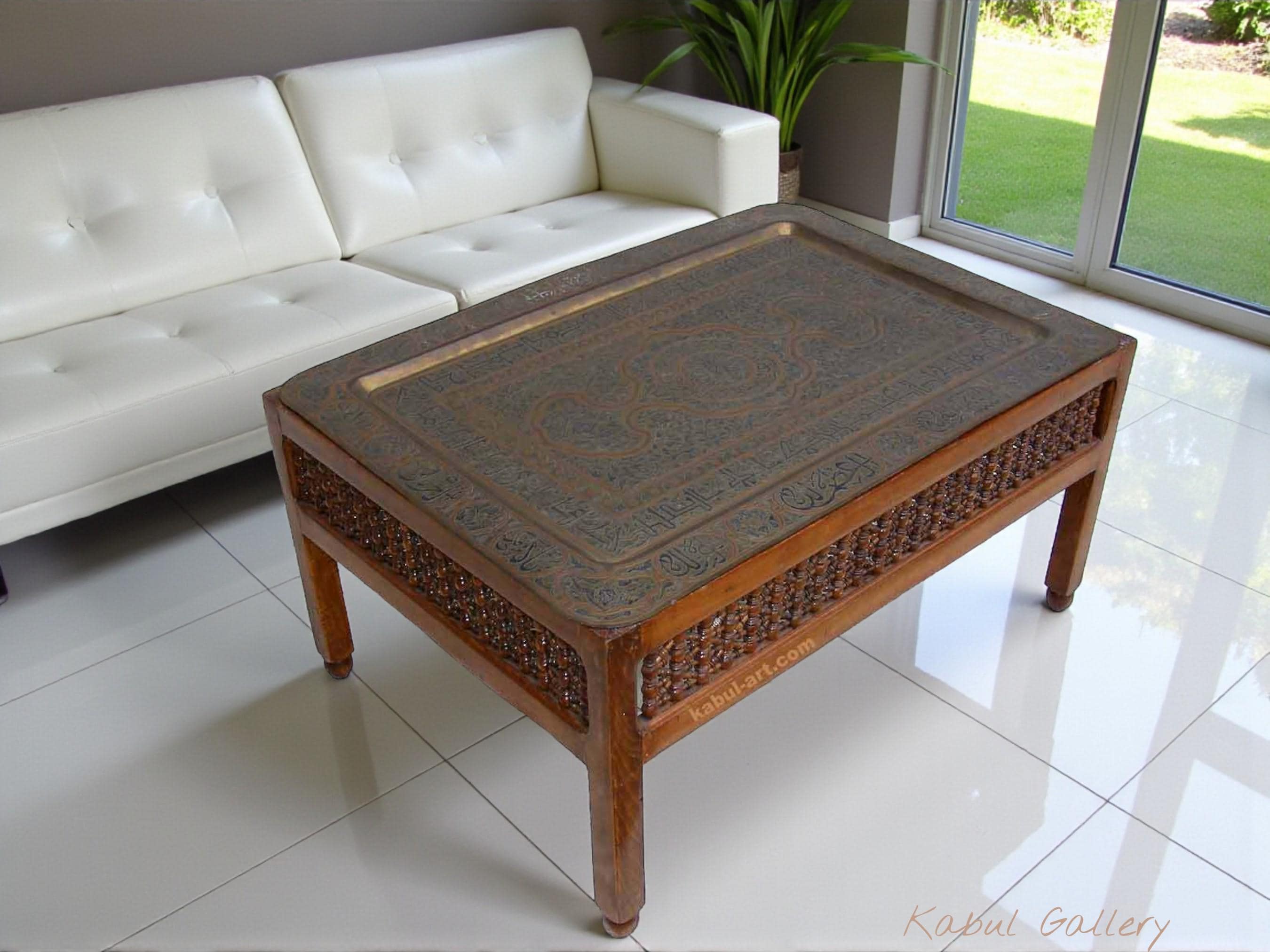Antique Very Rare Islamic Silver Brass Inlaid Plate Table Coffee