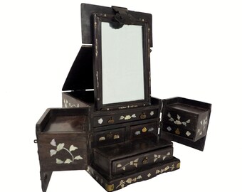 Beautiful Antique Chinese Jewellery Box with Mirror and Mother of Pearl Inlay Rosewood Dressing Case 19th century