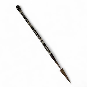 May include: A spear with a long, black and silver patterned shaft and a metal spearhead. The shaft has a textured design with alternating black and silver sections. The spearhead is a dark, metallic color.