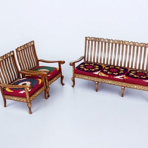 Gorgeous Antique Vintage Teak Bone Inlay  indian anglo 3-piece Sofa set withe Silk suzani cover