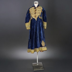 Antique Hazara Womens velvet gown, adorned with couched gold thread.