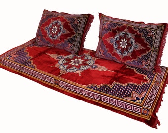 Set of 3 Pcs  1x floor cushion+2x cushions orient Afghan pillow rug seat floor cushion 1001-night Seating arabic majlis Toshak توشک Red- 23