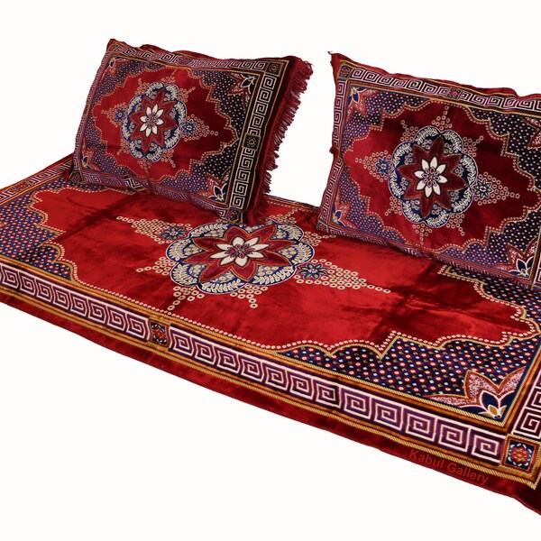 Set of 3 Pcs  1x floor cushion+2x cushions orient Afghan pillow rug seat floor cushion 1001-night Seating arabic majlis Toshak توشک Red- 23