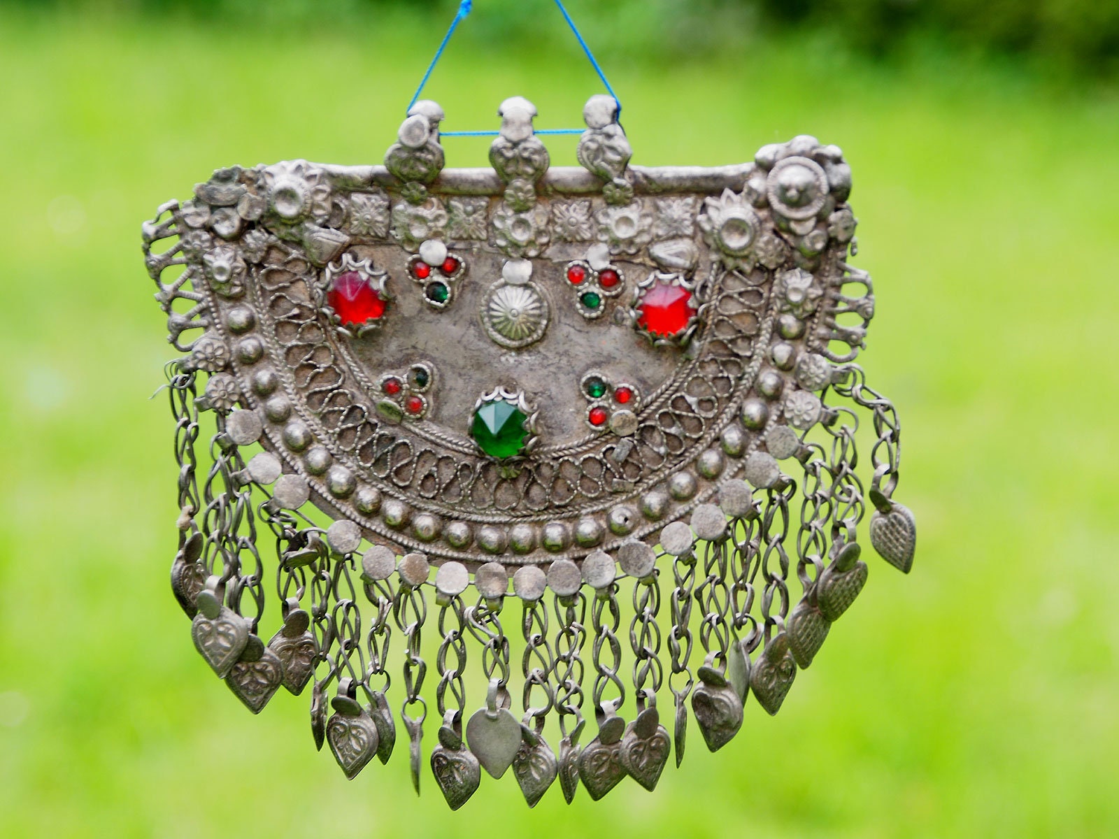 Antique very long nomad silver necklace pendant tassel Nuristan
