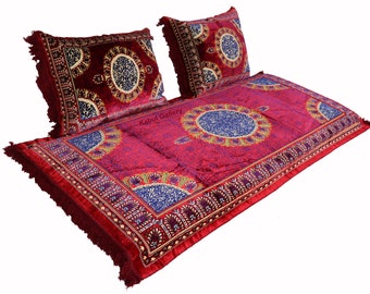 Set of 3 Pcs 1x floor cushion+2x cushions orient Afghan pillow rug seat floor cushion 1001-night Seating arabic majlis Toshak توشک Red 23RMD