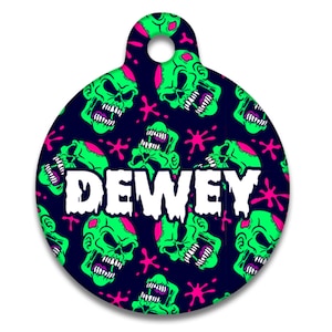 Spoilt Rotten Pets &#39;Zombie Punk Goth Skulls&#39; Dog Cat Pet Identity Tag Custom Printed Personalised Name & Contact Details