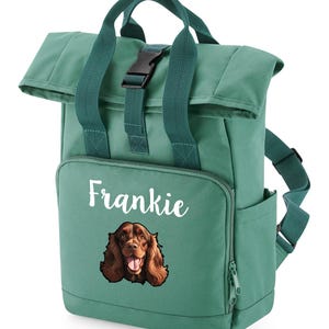 Spoiled Rotten Pets GREEN Roll Top Rucksack, Haustier Zubehör Tasche, Hunderasse Wahl Über Nacht Reisetasche Personalisierter Name & Hundegesicht