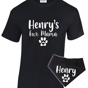 Black Personalised T-Shirt With Fur Mama Slogan and Matching Black Personalised Fur Baby Dog Bandana In Four Pet Sizes. Any Name