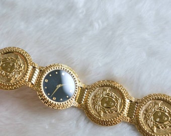 Authentic Gianni Versace Gold Plated Watch Large Signature Medusa Discs