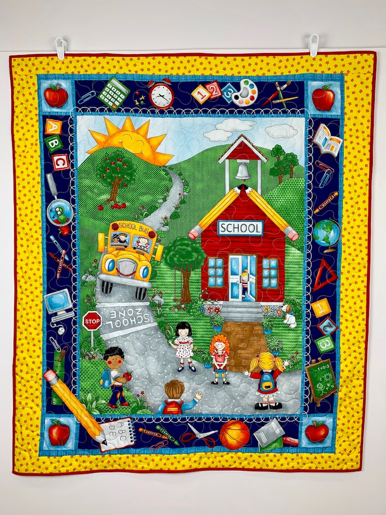 Handmade kid gift. Children Quilt boy or girl I-spy school theme quilt happy kids going back to school quilt 100/% cotton