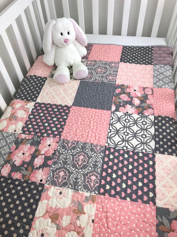 Baby Girl Quilt Coral And Grey Quilt Baby Girl Gift Crib Etsy