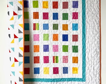 Modern Patchwork Baby Quilt, Colorful and white nursery Quilt bedding, Modern crib bedding, all colors crib Quilt, Baby boy or girl Quilt.