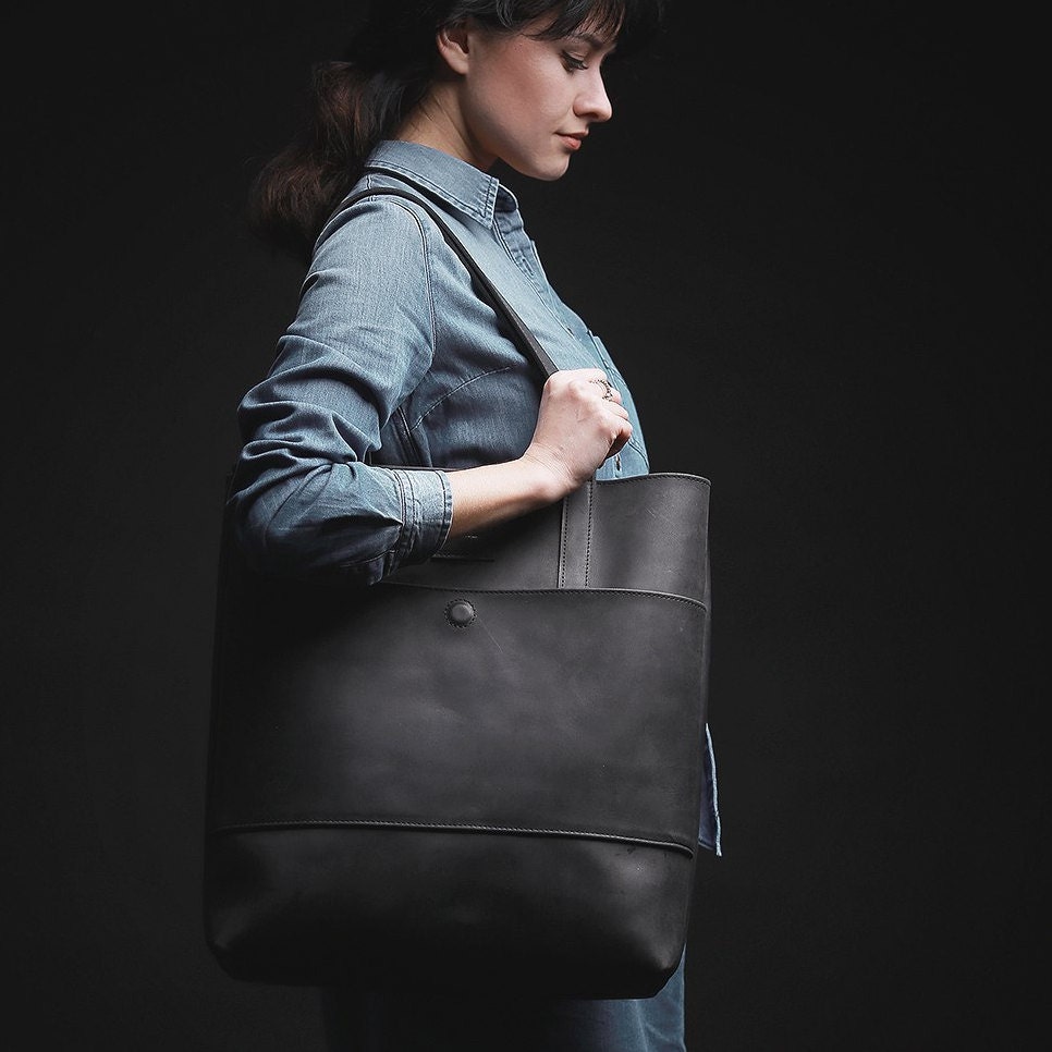 Leather Tote Bag Shopper Bag Shoulder Bag Black Leather | Etsy