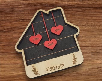 Family House with personalized hearts up to 8 names - Christmas ornament wood