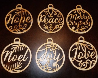 Wood Christmas Ornaments decorative hope, peace, joy, love, noel, merry Christmas