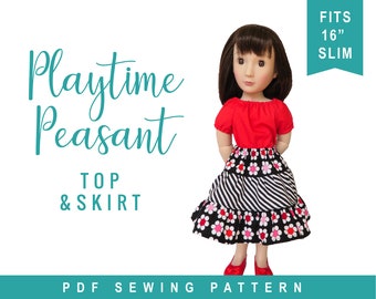 A Girl for All Time Doll Clothes Sewing Pattern fits 16 inch slim dolls Playtime Peasant Top and Twirl Skirt PDF pattern Oh Sew Kat!