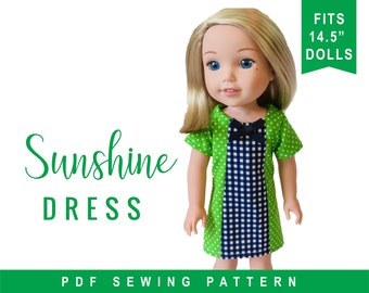 Doll Clothes Sewing pattern to fit 14 inch dolls - Sunshine Dress Pattern - easy to sew doll clothes - 14.5 inch Wellie Wishers doll clothes