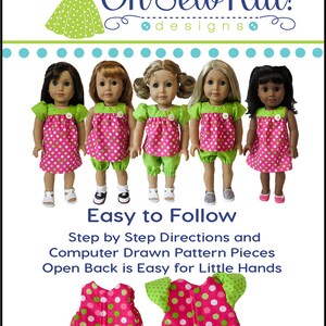May include: A sewing pattern for a pink and green polka dot dress with an open back. The pattern is designed for dolls and includes step-by-step instructions and computer-drawn pattern pieces. "Oh Sew Kat! designs." is printed on the image.