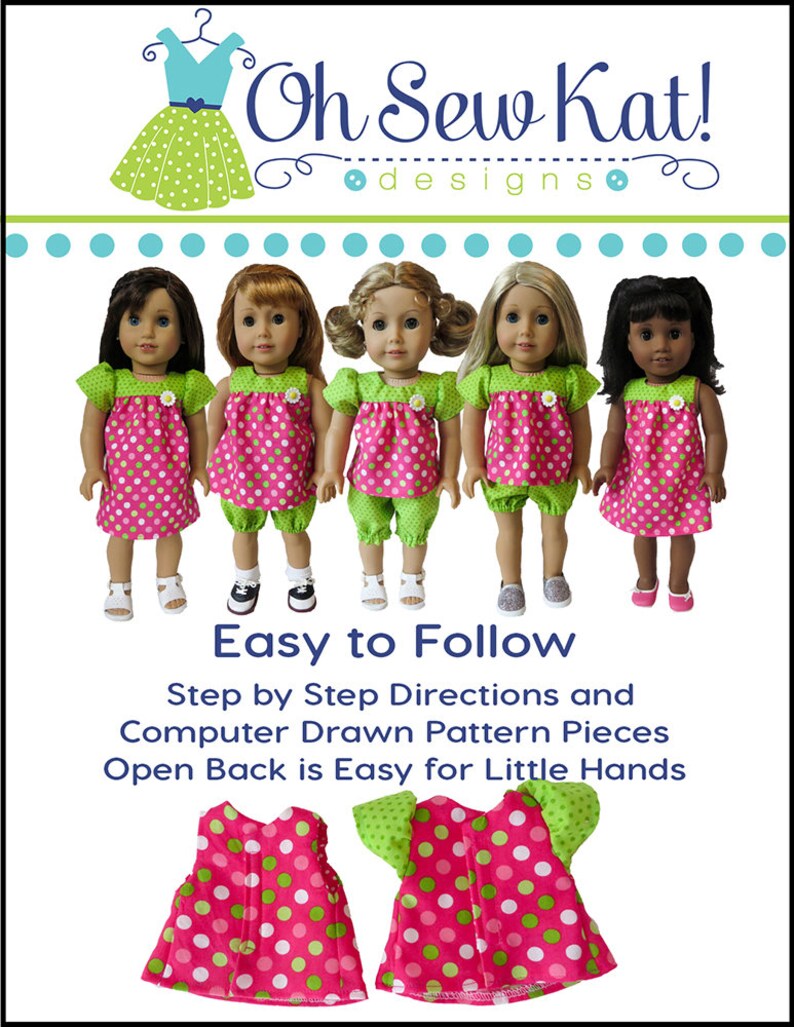 May include: A sewing pattern for a pink and green polka dot dress with an open back. The pattern is designed for dolls and includes step-by-step instructions and computer-drawn pattern pieces. "Oh Sew Kat! designs." is printed on the image.