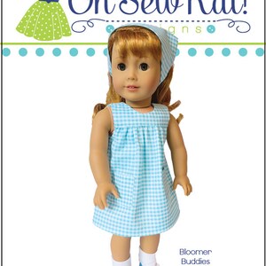 May include: A doll wearing a blue and white gingham dress with a blue headband. The doll has blonde hair and blue eyes. The doll is wearing blue shoes. The image includes the text "Oh Sew Kat!" and "Bloomer Buddies".