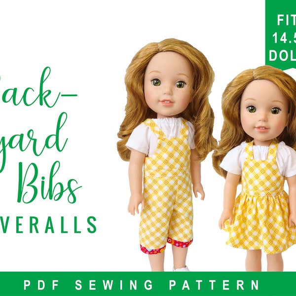 Doll Clothes Sewing Pattern for 14 inch doll clothes - overalls sewing pattern - Backyard Bibs - Romper Shortalls  Skirt PDF digital pattern