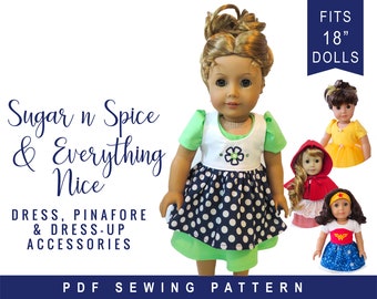 Doll Clothes Sewing Pattern for 18 inch doll clothes Princess Costume Dress Up Bundle  Sugar n spice dress & accessory pattern PDF digital