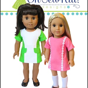 May include: Two dolls wearing different variations of the Sunshine Dress. The dress on the left is green and white, while the dress on the right is pink with white trim. The dolls are standing on a white background. The text "Oh Sew Kat! designs" is at the top of the image. The text "the Sunshine Dress" is at the bottom of the image.