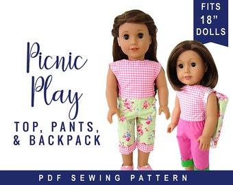 Doll Clothes Sewing Pattern for 18" doll clothes Picnic Play Bundle - Capri Pants, Top, with Backpack PDF digital sewing pattern OhSewKat